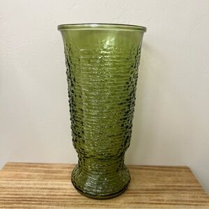 Vintage Anchor Hocking NAPCO Avocado Olive Green Crinkle Glass Flower Vase